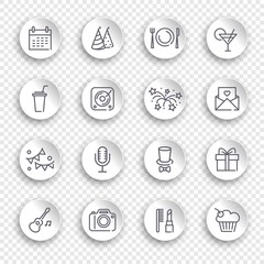 Linear birthday icons set on white stickers with transparent shadows