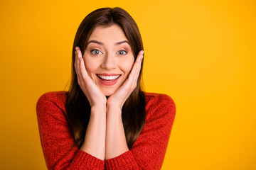 Photo trendy cheerful cute charming pretty sweet young girl impressed with new information touching her cheeks smiling toothily isolated over yellow vivid color background