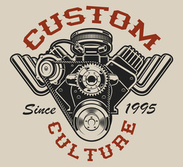 T-shirt design with a hot rod engine in vintage style on the white background.
