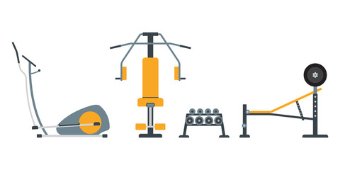 Gym equipment for fitness exercise. Weight machine, elliptical, barbell and dumbbells. Vector illustration.Печать