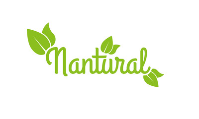 Natural logo or label. 100% Healthy food and product icon with green leaf. Vector illustration.