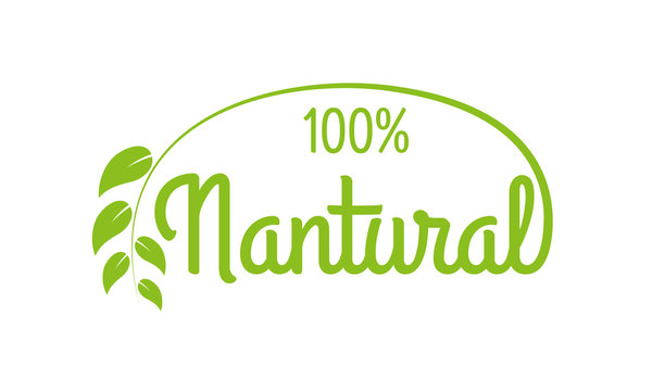 Natural logo or label. 100% Healthy food and product icon with green leaf. Vector illustration.