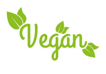 Fototapeta premium Vegan icon or logo. Healthy food and product label with green leaves. Vector illustration.