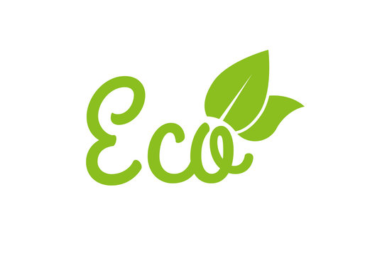 Eco icon or logo. Healthy food and product labels with green leaves. Vector illustration.