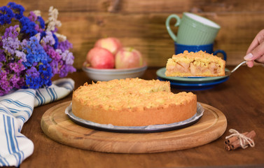 Apple pie or homemade cake with apples on table. Delicous dessert apple tart.