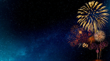 Fireworks with blur milky way background - obrazy, fototapety, plakaty