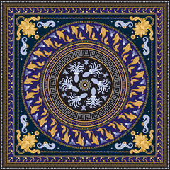 Vector shawl print on dark blue and black background. Fashionable gold chains and anchors pattern, Baroque scroll, blue sea horse, octopus, fish and pearls. Scarf, bandana, silk neckerchief, carpet