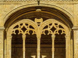 Obraz premium Jeronimos Monastery in Lisbon - the most grandiose monument to late-Manueline Portuguese style architecture, and Church of Santa Maria of Belem in Lisbon, Portugal