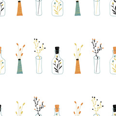 Scandinavian seamless pattern with vases, bottles of flowers. Simple vector illustration in cartoon hand-drawn style.