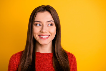 Fototapeta premium Close up photo of charming positive cheerful cute lady have fun look plan her weekends feel inspired wear red sweater isolated over yellow color background