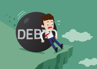Businessman was hit by a giant debt ball, pushing him to fall off a cliff