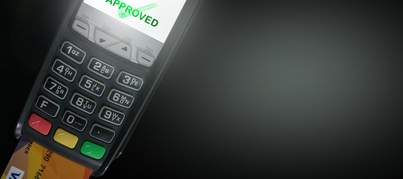Payment by credit card using POS terminal, approved payment and copyspace