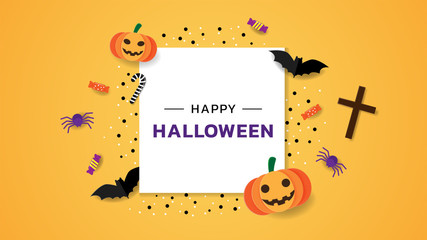 Happy Halloween holiday greeting card of white frame with paper art cut or craft decoration, Inclues Halloween candy, scary pumpkin, black bat, spider and cross on orange background