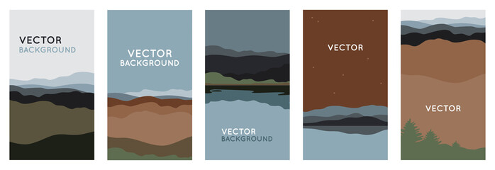 Vector illustration in trendy flat style and with copy space for text - landscape with mountains and hills- vertical banners, backgrounds