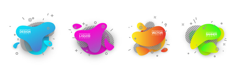 geometric colorful abstract shapes set badges background for banner web, app, poster. Trendy minimal modern design isolated white background. Abstract geometric shapes, lines patterns composition set.