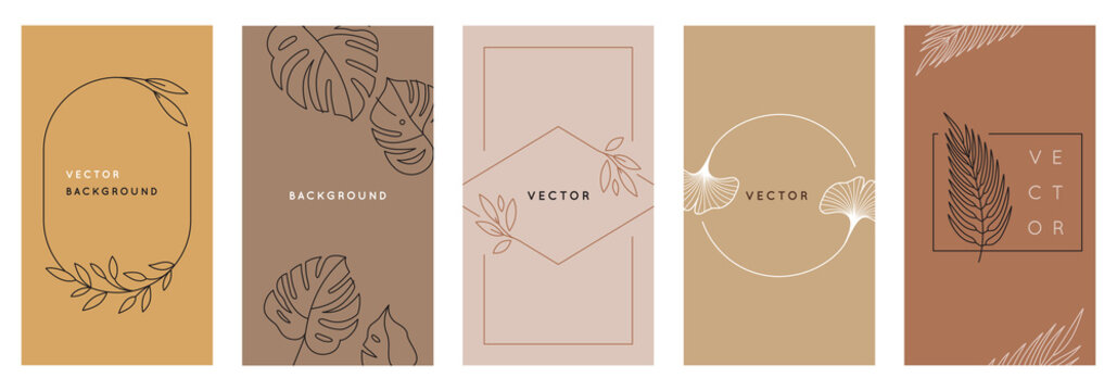Vector design templates in simple modern style with copy space for text, flowers and leaves