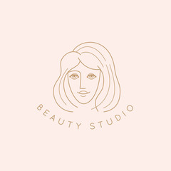 Vector abstract logo design template in trendy linear minimal style, emblem for beauty studio and cosmetics - female portrait, beautiful woman's face