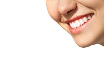 Perfect healthy teeth smile of a young woman. Teeth whitening. Dental clinic patient. Image symbolizes oral care dentistry, stomatology.