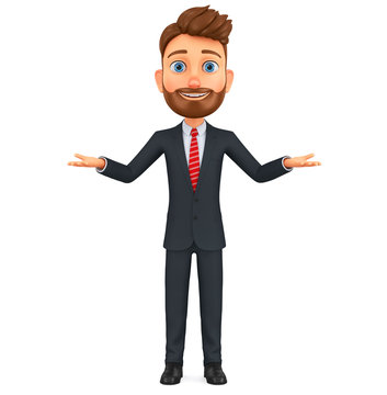 Cartoon character businessman shows two empty hands on a white background. 3d render illustration.