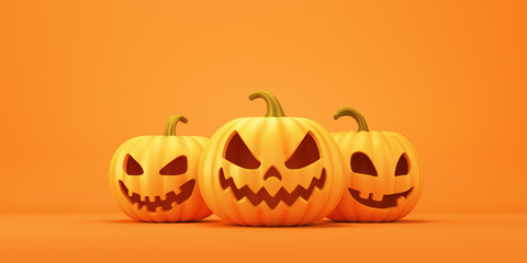 Three angry pumpkins on an orange background. 3d render illustration to Halloveen.
