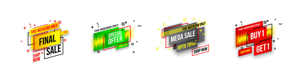 Abstract mega sale flat badges geometric shapes set. Final sale banner isolated on white background. Yellow, red, green and black colors special offer banner set. Shop now web app, poster illustration - obrazy, fototapety, plakaty