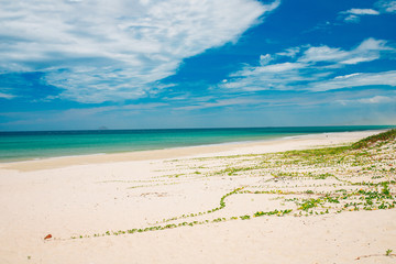 Fototapeta na wymiar Empty beach, white sand and clear blue sky.