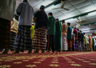 A group of Muslim people pray in a mosque. Muslims face to the direction of Mecca during prayer...