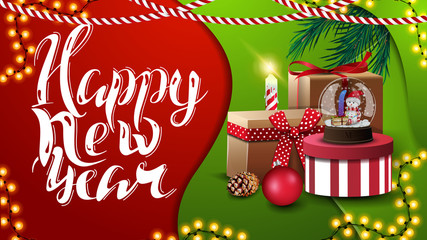 Happy New Year, greeting red and green postcard in material design style with Christmas presents