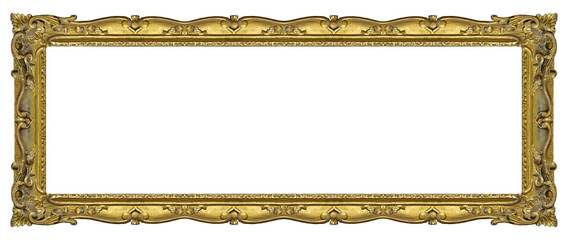 Panoramic golden frame for paintings, mirrors or photo isolated on white background