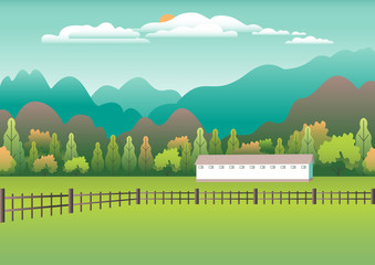 Hills and mountains landscape, house farm in flat style design. Outdoor panorama countryside illustration. Green field, tree, forest, blue sky and sun. Rural location, cartoon vector background