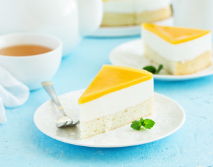 Cheesecake with peaches .. Selective focus.