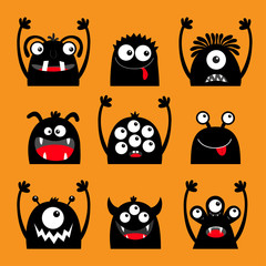 Fototapeta premium Monster black silhouette head face icon set. Eyes, tongue, tooth fang, hands up. Cute cartoon kawaii scary funny baby character. Happy Halloween. Orange background. Flat design.