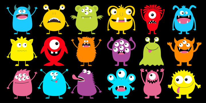 Monster colorful silhouette super big icon set. Happy Halloween. Eyes, tongue, tooth fang, hands up. Cute cartoon kawaii scary funny baby character. Flat design. Black background.