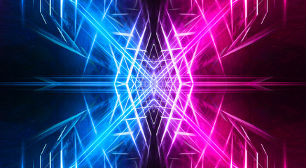 Abstract futuristic neon tunnel Dark room fluorescent bright purple and pink neon glow Virtual background space corridor shape tunnel