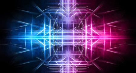 Abstract futuristic neon tunnel Dark room fluorescent bright purple and pink neon glow Virtual background space corridor shape tunnel