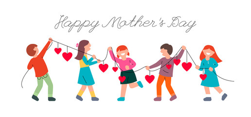 Fototapeta premium Children congratulate mothers on mother's day. Kids and a garland with hearts. Flat vector illustration, banner, template with place for text.