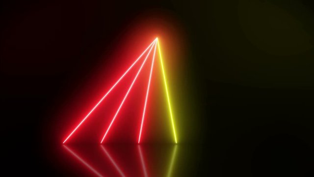 Video animation of glowing vertical neon lines in red and yellow on reflecting floor. - Abstract background - laser show