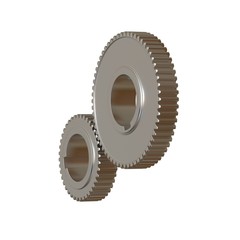 Two metal gears on a white background, isolate. 3D rendering of excellent quality in high resolution. It can be enlarged and used as a background or texture.
