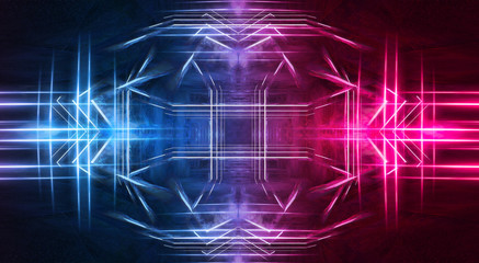 Abstract futuristic neon tunnel Dark room fluorescent bright purple and pink neon glow Virtual background space corridor shape tunnel