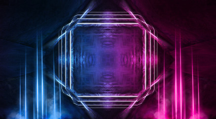 Abstract futuristic neon tunnel Dark room fluorescent bright purple and pink neon glow Virtual background space corridor shape tunnel
