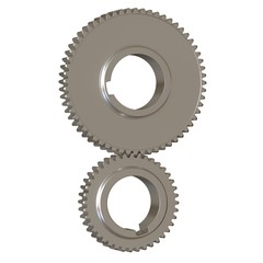 Two metal gears on a white background, isolate. 3D rendering of excellent quality in high resolution. It can be enlarged and used as a background or texture.