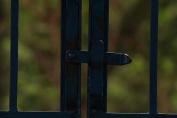 close up view of locked blue painted steel gate with steel locker on blurred green background