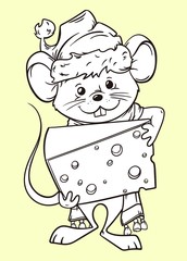 Cartoon mouse wearing xmas hat and scarf holding a piece of cheese, hand drawn outline vector illustration