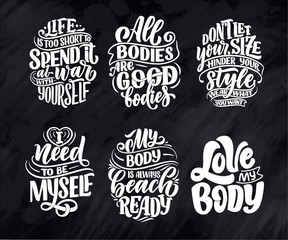 Fototapeta premium Set with body positive lettering slogans for fashion lifestyle design. Motivation typography posters and prints. Vector illustration.