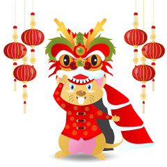 2020 Chinese new year.Year of the rat.Gold rat and Chinese words art design on red background for greetings card, flyers, invitation .Chinese Translation :Happy Chinese new year,Rat