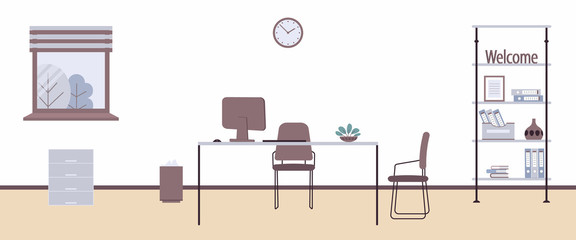 Interior of working place in loft style office. Vector illustration. Furniture: table, chair, bookcase with folders,books and box.Wall clock,plant,window,bin. For advertising,sites