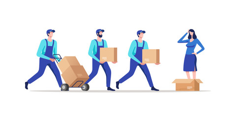 Delivery service. Movers in uniform transporting cardboard boxes. Vector illustration.