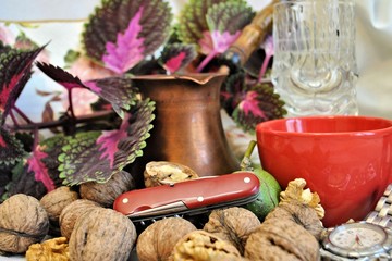 Knife folding flowers violet food fresh healthy green vegetable autumn ripe tropical basket diet organic nuts berries leaves 