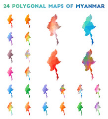 Set of vector polygonal maps of Myanmar. Bright gradient map of country in low poly style. Multicolored Myanmar map in geometric style for your infographics.