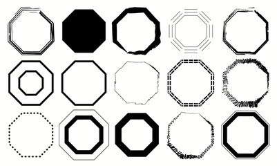 Black and white Octagon Pack 15 in 1. Vector illustration